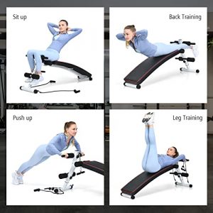 Goplus Multifunctional Sit up Bench for Full Body, 3 INCH Thickness Foldable Ab Bench with Detachable Stretch Ropes, Spring Puller, 4-Level Height Adjustable Workout Bench for Home Gym Fitness Strength Training Exercises