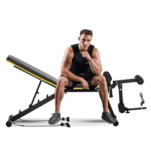 ZENOVA Weight Bench, Multi-Purpose Workout Bench Adjustable Incline Decline Exercise Bench with Leg Curl and Extension, Home Gym Strength Training Bench (Yellow Line)