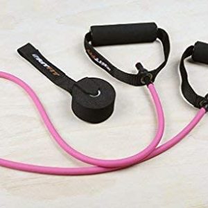 RitFit Single Resistance Exercise Band with Comfortable Handles - Ideal for Physical Therapy, Strength Training, Muscle Toning - Door Anchor and Starter Guide Included (Rose Pink(10-15lbs))