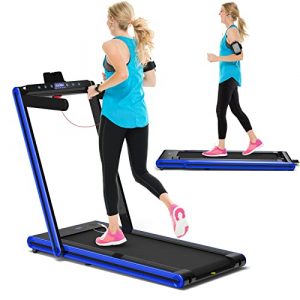 GYMAX 2 in 1 Under Desk Treadmill, Folding Running Machine with Dual LED Display, APP & Remote Control, Walking Pad Jogging Machine for Home Gym Small Space (Navy)