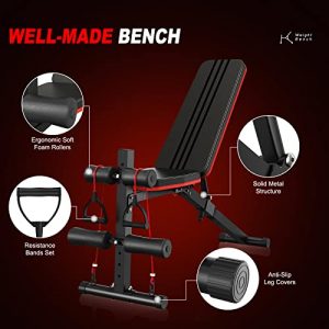 naspaluro Adjustable Weight Bench with Resistance Bands, Foldable Workout Bench for Home GYM, Exercise Set Up Bench Press Supports 7 Backrest Adjustment for Women&Men Fitness Strength Training