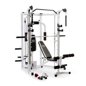 Marcy Smith Cage Combo Machine with Workout Bench and Heavy-Duty Total Body Strength Weight Bar Gym Equipment, White