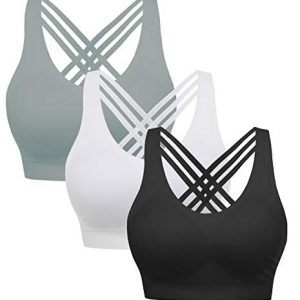 AKAMC Women's Removable Padded Sports Bras Medium Support Workout Yoga Bra 3 Pack,Grey/White/Black,XX-Large