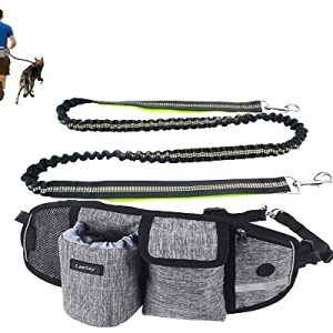 Leetoy Hands Free Dog Leash with Multi Pouches Retractable Shock Absorbing Bungee Leash with Reflective Stitches Suitable for Walking Running Cycling (Grey)