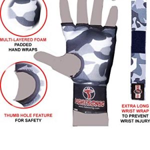 FIGHTSENSE Padded Gel Inner Boxing Gloves for Men and Women with Long Elasticated Hand Wraps for Punching, Boxing, MMA, Muay Thai, Kickboxing and Martial Arts Training Pair (Camo Gray, Small)
