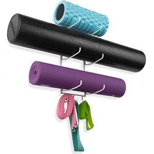 Wallniture Guru Wall Mount Yoga Mat Home Gym Equipment Resistance Bands and Foam Roller Holder with 3 Hooks 3 Sectional Metal White