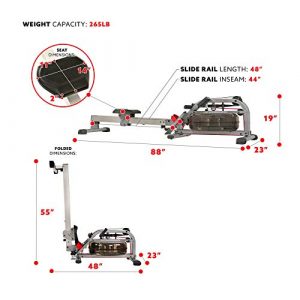 Sunny Health & Fitness Water Rowing Machine Rower w/ LCD Monitor, 265 Max Weight, Adjustable Footpads and Foldable 48