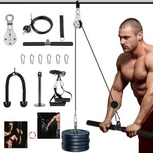 3in1 Pulley Cable, Home Cable Pulley System, Fitness Pulley System,Gym Equipment for Home, with Straight Bar, Band Handles Grips, Nylon Tricep Rope, 3parts Acessories Exchange Use for Home Gym (1.8M)