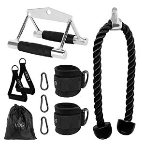 LADER Cable Machine Attachments LAT Pulldown Accessories - V-Shaped Handle + Triceps Rope Pull Down Attachment + Exercise Handles + Ankle Straps + Carabiner Clips for Home Gym Workout