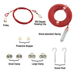 PUPTECK Dog Run Cable, 100 ft Heavy Weight Tie Out Cable with 10 Feet Runner for Dog up to 125lbs, Red