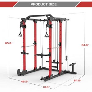 MAJOR LUTIE Power Cage, 1400 lbs Multi-Function Power Rack with Adjustable Cable Crossover System and More Training Attachment(Red)