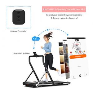 RHYTHM FUN Treadmill Folding Running Treadmill Under Desk Walking Pad Treadmill with Foldable Handtrail Wide Tread Belt Super Slim Mini Quiet Home Treadmill with Smart Remote Control and Workout App