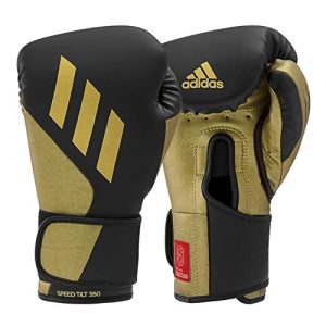 adidas Tilt 350 Pro with Velcro Closure - with New Tilt Technology - for Men, Women, Unisex - Sustainable Vegan Leather Boxing. Kickboxing, MMA Training Gloves - (Met Black/Gold, 14oz)