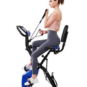 Exercise Bike Foldable Stationary Bikes for Home, WHTOR Indoor Cycling Bike 3 in 1 Fitness Bike with Pulse Sensor and 16 Level Adjustable Magnetic Upright Workout Bike with Arm and Leg Resistance Band