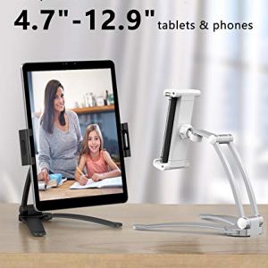 AYADA Kitchen Cabinet Tablet Holder, 2 in 1 Wall Mount Desktop Stand for ipad 12.9 Aluminum Alloy Metal Adjustable Multiangle Foldable Universal Phone Tablet Bracket Cooking Table Counter Top (Black)
