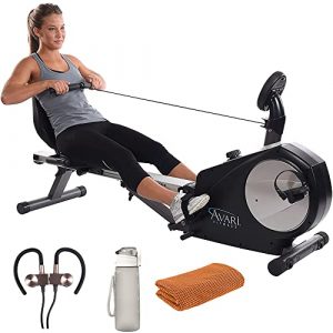 Stamina A150-335 AvariConversion II Rower/Recumbent Bike Black Bundle with 27 Ounce Water Bottle, Workout Cooling Sport Towel and Magnetic Wireless Sport Earbuds Gunmetal Grey