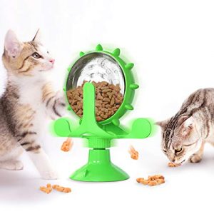 LINHU Lucky Cat Treat Dispenser Toy, Cat Treat Puzzle Suction Cup Cat Treat Toys for Cat, Exercise Wheel Treadmill, Rotatable Pet Puzzle(Green)
