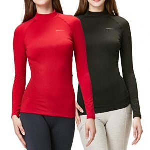 DEVOPS Women's 2 Pack Thermal Turtle Long Sleeve Shirts Compression Baselayer Tops (Small, Black/Red)