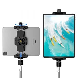 iPad and Phone Tripod Mount Adapter with Ball Head, iPad Holder for Tripod, 360 Rotatable Tablet Clamp Mount fits iPad Pro 12.9, iPad Air Mini 3 4, Galaxy Tab, Surface Pro 8, Selfie Stick(5.3-10.6’’)
