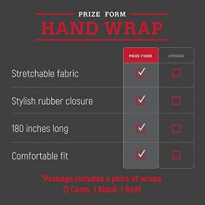 PRIZE FORM Hand Wraps for Boxing - 180 Inch Mexican Style Handwraps, 3 Pair Camo, Black and Red, Rubber Strap, Stretch Hand Wraps for Men and Women