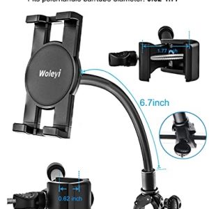 Spinning Bike Tablet Holder, woleyi Gooseneck Treadmill Elliptical Phone iPad Mount, Indoor Stationary Exercise Bike Tablet Clamp for iPad Pro 9.7 10/Air/Mini, Galaxy Tabs, 4-11