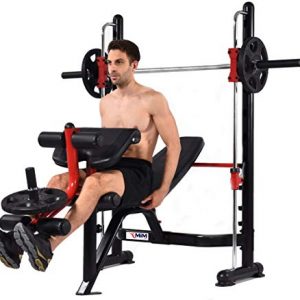 MiM USA Olympic Weight Bench & Squat Rack W/Smith Structure and Interchangeable Barbell Sleeves for Olympic and Standard Weight Plates