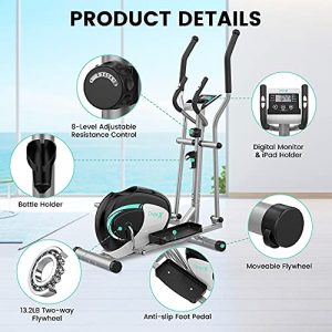 Dripex Elliptical Machine Cross Trainer, 8 Level Ultra Quiet Magnetic Resistance Elliptical Training Machines for Home Use w/ 6KG Flywheel, Pulse Rate Grips, LCD Monitor, iPad & Bottle Holder