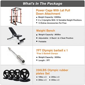 RitFit Garage & Home Gym Package Includes Optional 1000LBS Power Cage with LAT Pull Down,Weight Bench, Barbell Set with Olympic Barbell (Package 1.5K (Rubber Plate 230LBS))