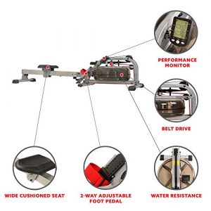 Sunny Health & Fitness Water Rowing Machine Rower w/ LCD Monitor, 265 Max Weight, Adjustable Footpads and Foldable 48