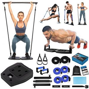 Portable Home Gym Workout Equipment with 16 Exercise Accessories Including Fitness Board, Elastic Resistance Bands, Ab Roller Wheels, Pilates Bar and More for Full Body at Home Exercise Equipment