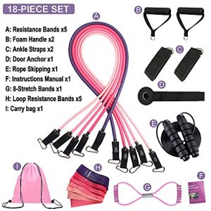 Zugoulook 18Pcs Resistance Bands Set for Women, 5 Stackable Exercise with Handles, Loop Bands, Jump Rope, Figure 8 Band, Ideal Home, Gym Fitness, Yoga, Full Body Workout