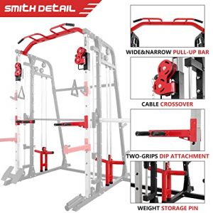 Mikolo Smith Machine, Multi-Functional Power Cage with LAT Pulldown System, Weight Cage Squat Rack with Weight Bar, Landmine, Dip Bars, T-Bar and Other Attachements (2022 Version)