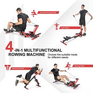 Goplus 4 in 1 Folding Rowing Machine, AB Crunch Workout Machine w/3-Level Angle & Adjustable Tension, Control Panel, Multi-Function Rower AB Fitness Equipment for Home & Gym Use