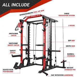 ER KANG Power Cage with LAT Pulldown System, 1200LB Capacity Weight Cage Squat Rack Home Gym with 360° Landmine, Dip Bars, Band Peg, and Other Attachments (2022 New Version)
