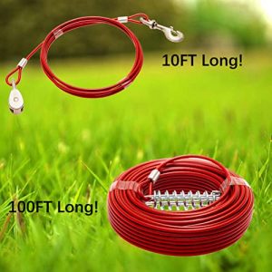 PUPTECK Dog Run Cable, 100 ft Heavy Weight Tie Out Cable with 10 Feet Runner for Dog up to 125lbs, Red