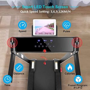 Folding Treadmill for Home, Cardio Running Machine, 12 Program, LED Touch Screen, 7 Color LED Lights, Bluetooth Speakers, APP Control, Heart Sensor