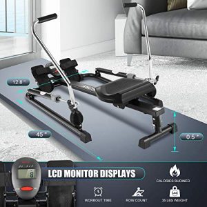 ANCHEER Hydraulic Rowing Machine, Full Motion Adjustable Rower with 12 Level Resistance & Soft Seat & LCD Monitor & 45 Inch Long Rail for Indoor Cardio Exercise, Home/Office/Apartment (Black)