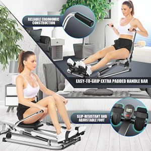 ANCHEER Hydraulic Rowing Machine, Full Motion Adjustable Rower with 12 Level Resistance & Soft Seat & LCD Monitor & 45 Inch Long Rail for Indoor Cardio Exercise, Home/Apartment (Gray)