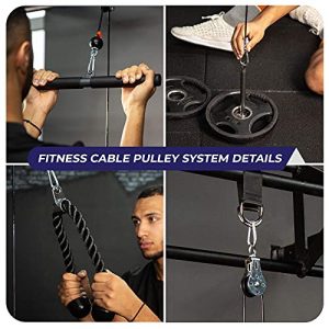 Fitty Max Fitness Cable Pulley System Gym. at Home Cable Machine Exercise Pulley Wheel with (3X) Rope, Bar, and Chest Handles Attachments for LAT Pull Down, Cable Crossover, Tricep, Biceps and More!