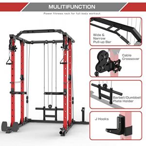 MAJOR LUTIE Power Cage, 1400 lbs Multi-Function Power Rack with Adjustable Cable Crossover System and More Training Attachment(Red)