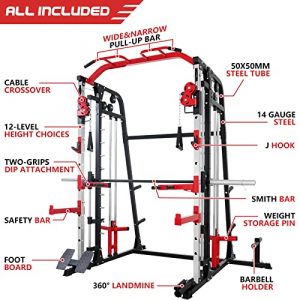 Mikolo Smith Machine, Multi-Functional Power Cage with LAT Pulldown System, Weight Cage Squat Rack with Weight Bar, Landmine, Dip Bars, T-Bar and Other Attachements (2022 Version)