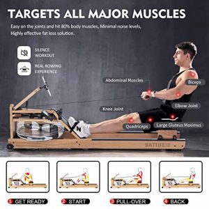 BATTIFE Water Resistance Rowing Machine with Tablet Stand Arm,Solid Oak Wood Made Rowers with Bluetooth Monitor, Training Indoor for Home Gym Use 350lbs Weight Capacity
