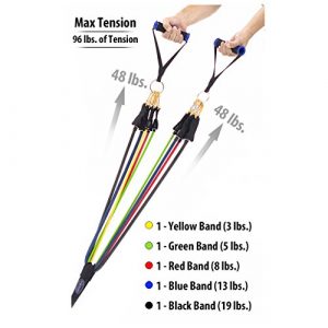 Bodylastics Resistance Bands Set - Max Tension Set with Patented Anti-Snap Elastics, Clips, Handles, Door Anchor, Legs & Wrist Straps, Bag - Home Workout Equipment for Men, Women - 96 lbs, 5 Cables