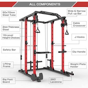 MAJOR LUTIE Power Cage, 1400 lbs Multi-Function Power Rack with Adjustable Cable Crossover System and More Training Attachment(Red)