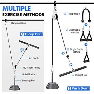 3in1 Pulley Cable, Home Cable Pulley System, Fitness Pulley System,Gym Equipment for Home, with Straight Bar, Band Handles Grips, Nylon Tricep Rope, 3parts Acessories Exchange Use for Home Gym (1.8M)