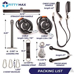 Fitty Max Fitness Cable Pulley System Gym. at Home Cable Machine Exercise Pulley Wheel with (3X) Rope, Bar, and Chest Handles Attachments for LAT Pull Down, Cable Crossover, Tricep, Biceps and More!