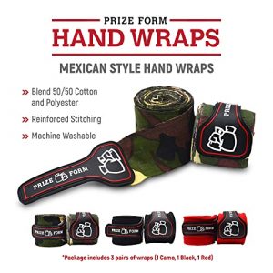 PRIZE FORM Hand Wraps for Boxing - 180 Inch Mexican Style Handwraps, 3 Pair Camo, Black and Red, Rubber Strap, Stretch Hand Wraps for Men and Women