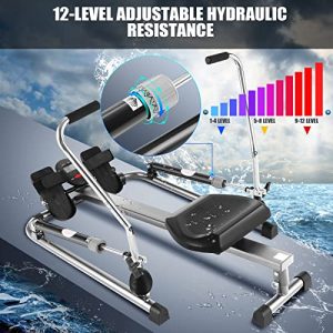 FUNMILY Rowing Machines for Home Use, Workout Equipment, Foldable Rowers, Exercise Equipment Training with 12 Level Smooth Hydraulic Resistance, LCD Monitor, Soft Seat, 45-Inch Slide Rail (Silver)