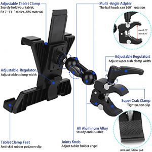 iTODOS Tablet Holder for Spin Bike, Stroller,Treadmill,Golf Cart, Wheelchair,Stationary Bike,Microphone Stand, Adjustable 7~11