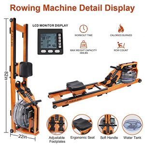 AURUMBIRD Water Folding Rowing Machine,Wooden Water Resistance Rowing Machine for Home Gyms Use with LED Moniter, Full-Body Workout Machine